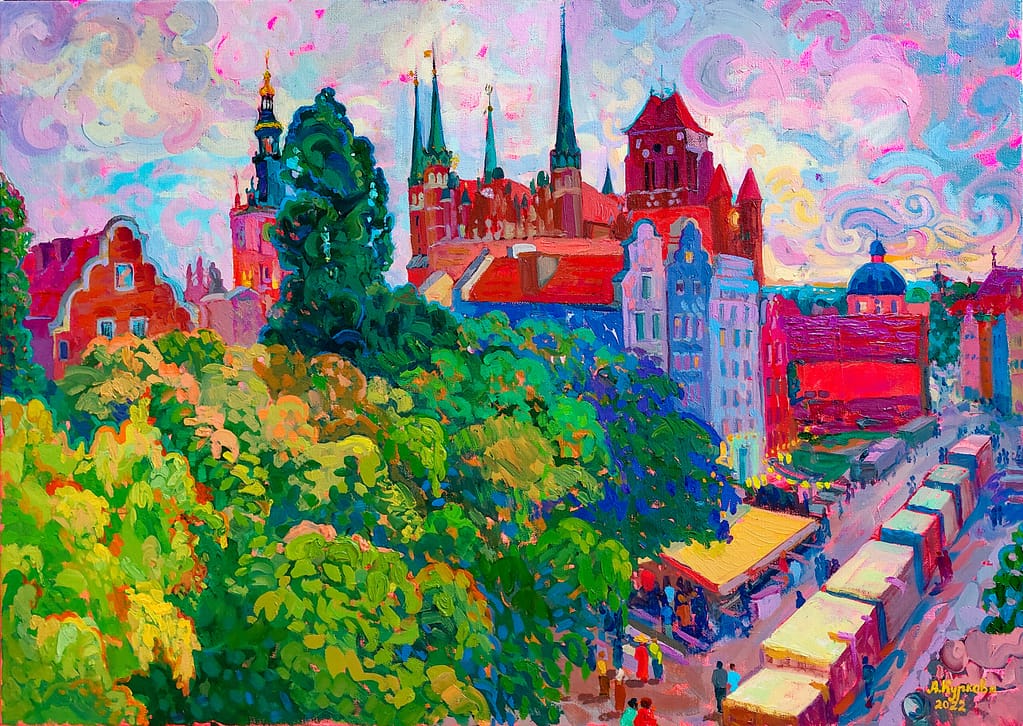 Colorful oil painting of the Basilica of the Assumption of the Blessed Virgin Mary in Kraków, Poland, overlooking the Main Market Square, created by STIA in the Emochromism style.