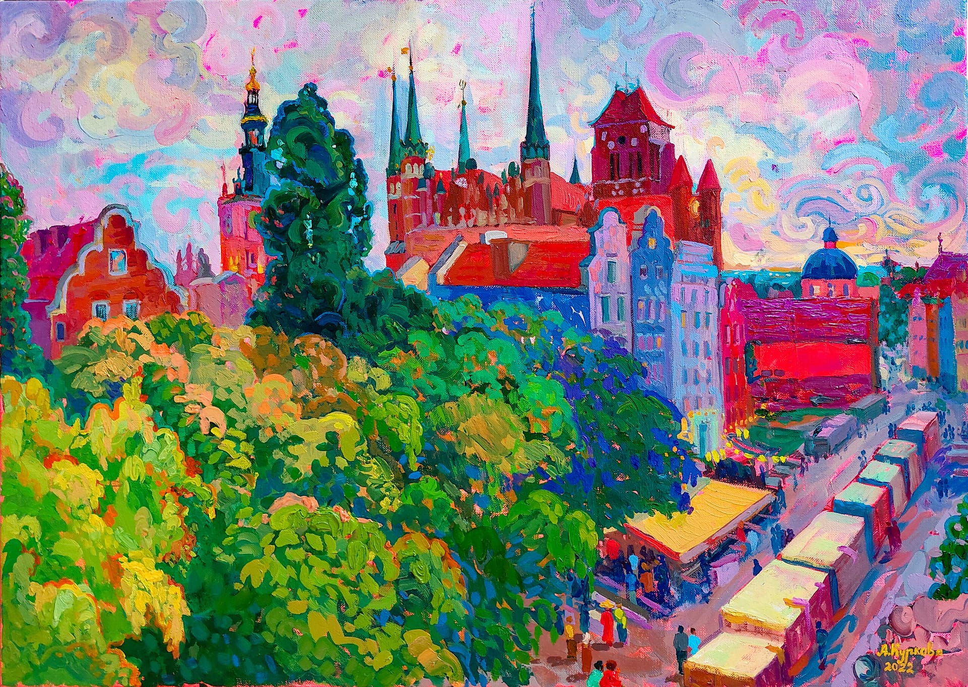 Colorful oil painting of the Basilica of the Assumption of the Blessed Virgin Mary in Kraków, Poland, overlooking the Main Market Square, created by STIA in the Emochromism style.