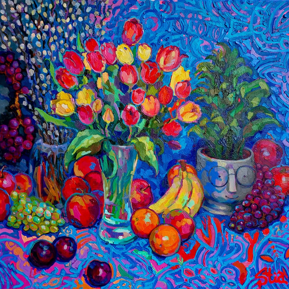 Original contemporary floral painting with tulips, fruits, vibrant colors, and rich impasto texture, perfect as luxury wall art.