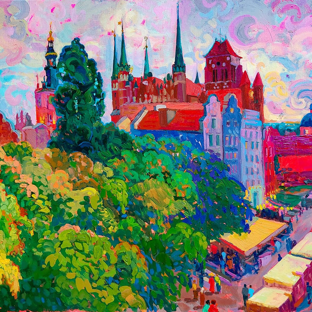 Colorful oil painting of the Basilica of the Assumption of the Blessed Virgin Mary in Kraków, Poland, overlooking the Main Market Square, created by STIA in the Emochromism style.