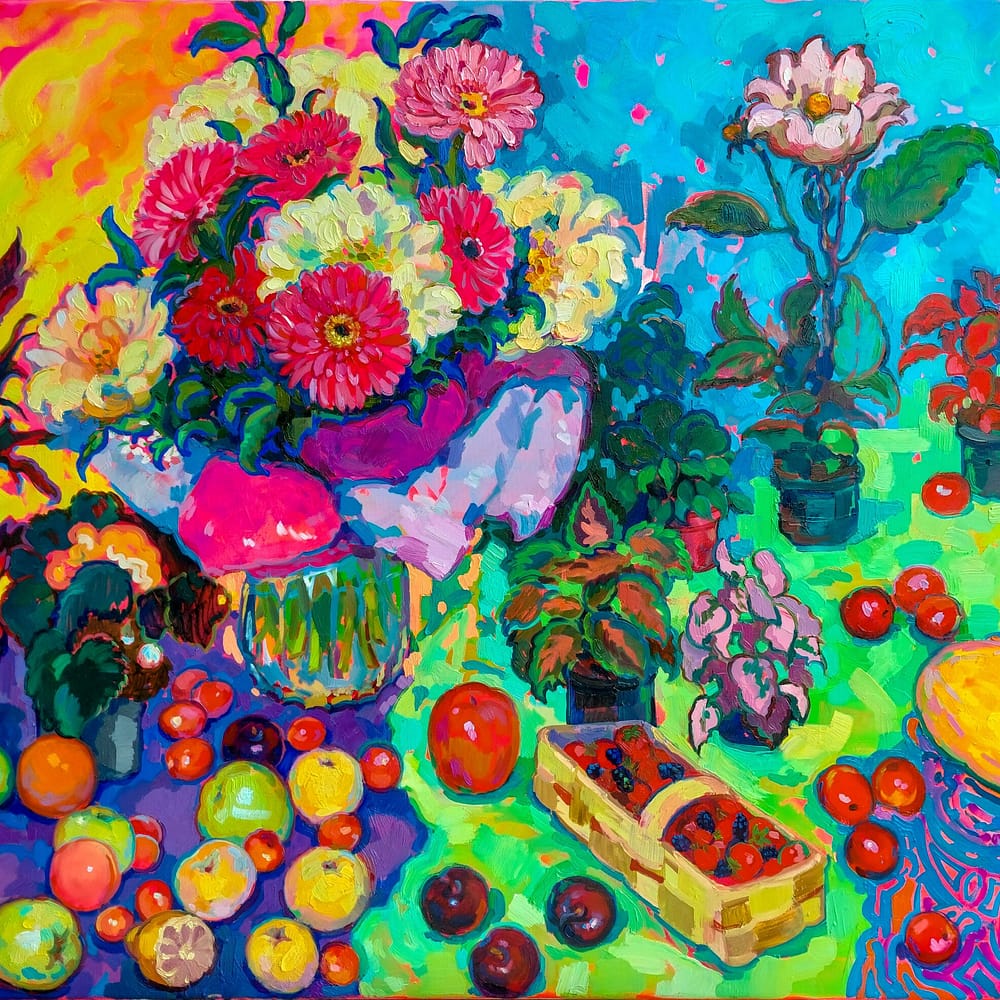 Breath of Bloom, original contemporary still life painting in the emochromism style, featuring a vibrant bouquet of flowers, fruits and houseplants in a colorful celebration of nature, joy and emotional expression.