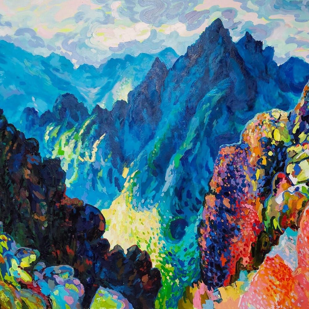 Original oil painting of the Lomnica Pass in the High Tatras, Slovakia, by STIA, created in the style of Emochromism.
