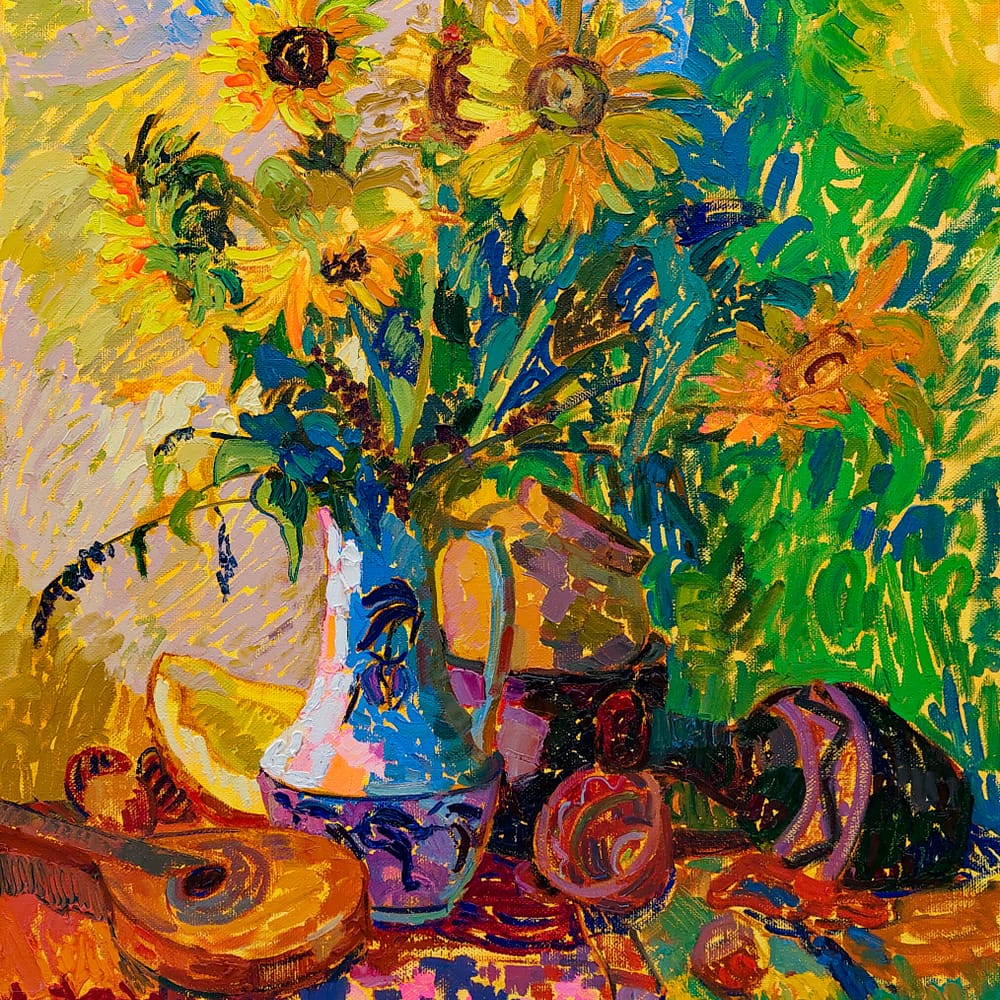 Ukrainian still life oil painting with sunflowers, fruit, lute and traditional embroidered textile by STIA