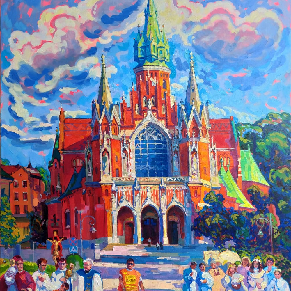 Original oil painting "Sanctuary of Modern Life" by STIA featuring St. Joseph's Church during the Corpus Christi procession in Krakow.