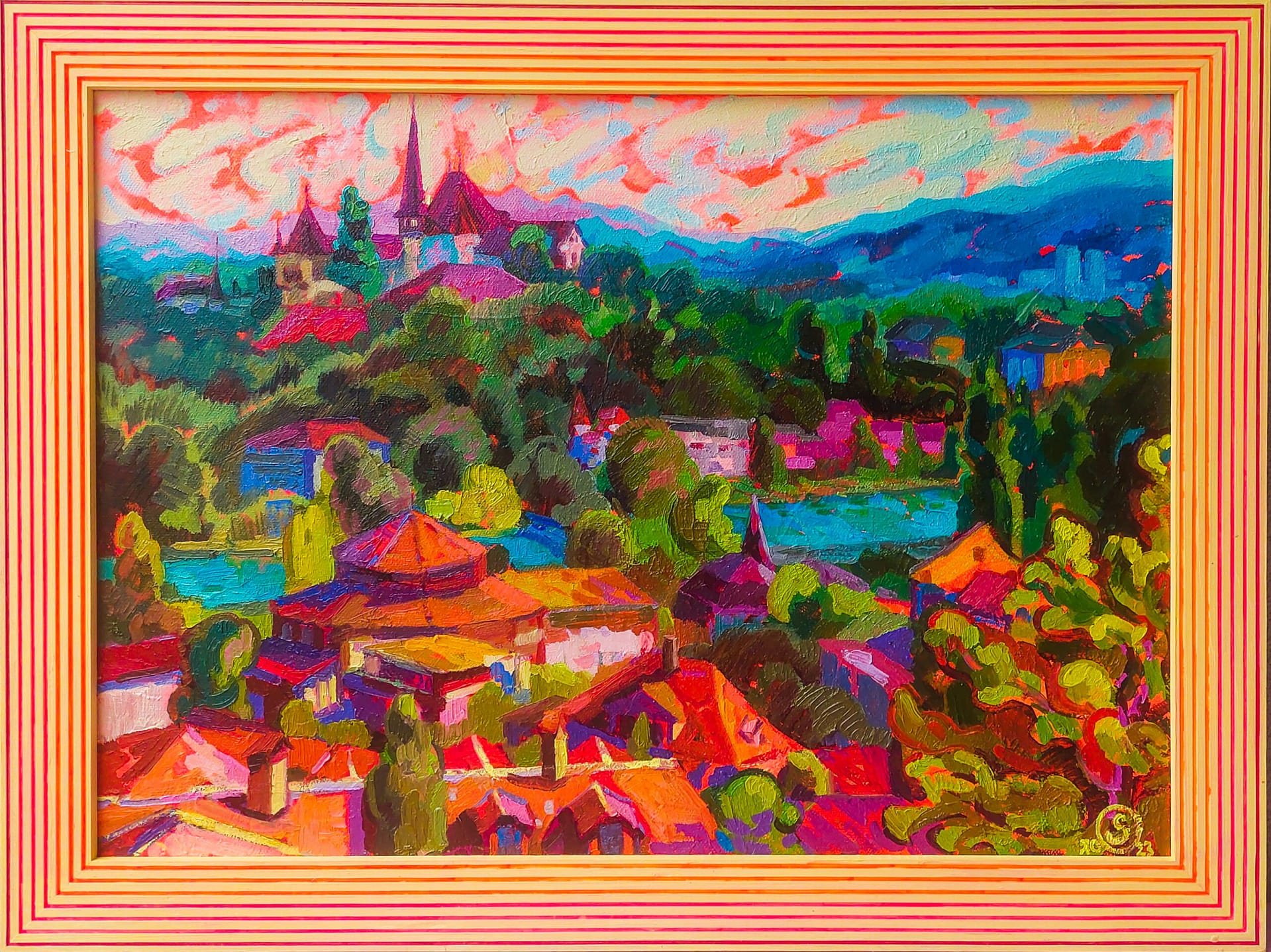 View of BernArtist Concept: Emochromism
Wonder is not naivety.Painted en plein air in Bern, capturing a vivid summer view over the blue Aare River and the city's UNESCO-listed historic center.70 × 50 cm
Oil on canvas