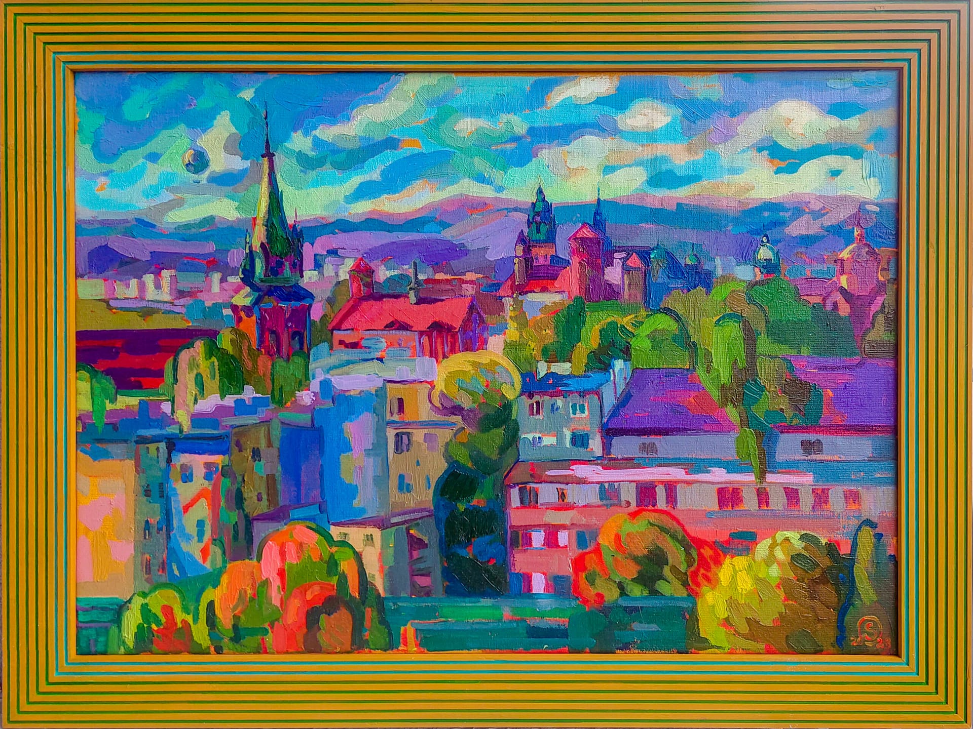 Historical Heart of PolandArtist Concept: Emochromism
Wonder is not naivety.Painted en plein air from one of Kraków's most remarkable viewpoints, where centuries of the city's history unfold in a single panorama.70 × 50 cm
Oil on canvas