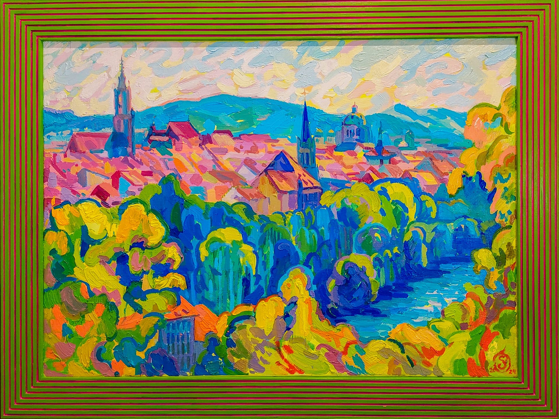 Blue RiverArtist Concept: Emochromism
Wonder is not naivetyThe final painting from the Chromatic Cities series, revealing Bern and the Aare River.A mini-series of three cityscapes painted in 2023, united by panoramic viewpoints, vivid color, and individually stylized frames.70 × 50 cm
Oil on canvas