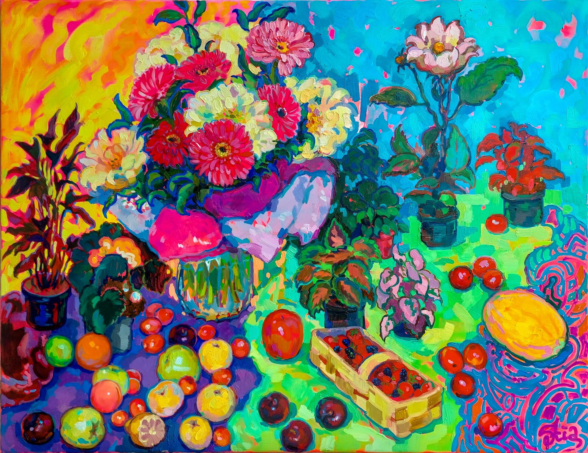 Breath of Bloom, original contemporary still life painting in the emochromism style, featuring a vibrant bouquet of flowers, fruits and houseplants in a colorful celebration of nature, joy and emotional expression.
