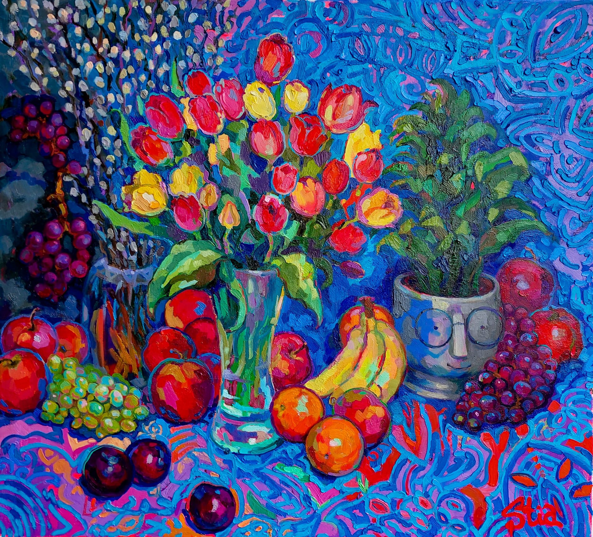 Original contemporary floral painting with tulips, fruits, vibrant colors, and rich impasto texture, perfect as luxury wall art.