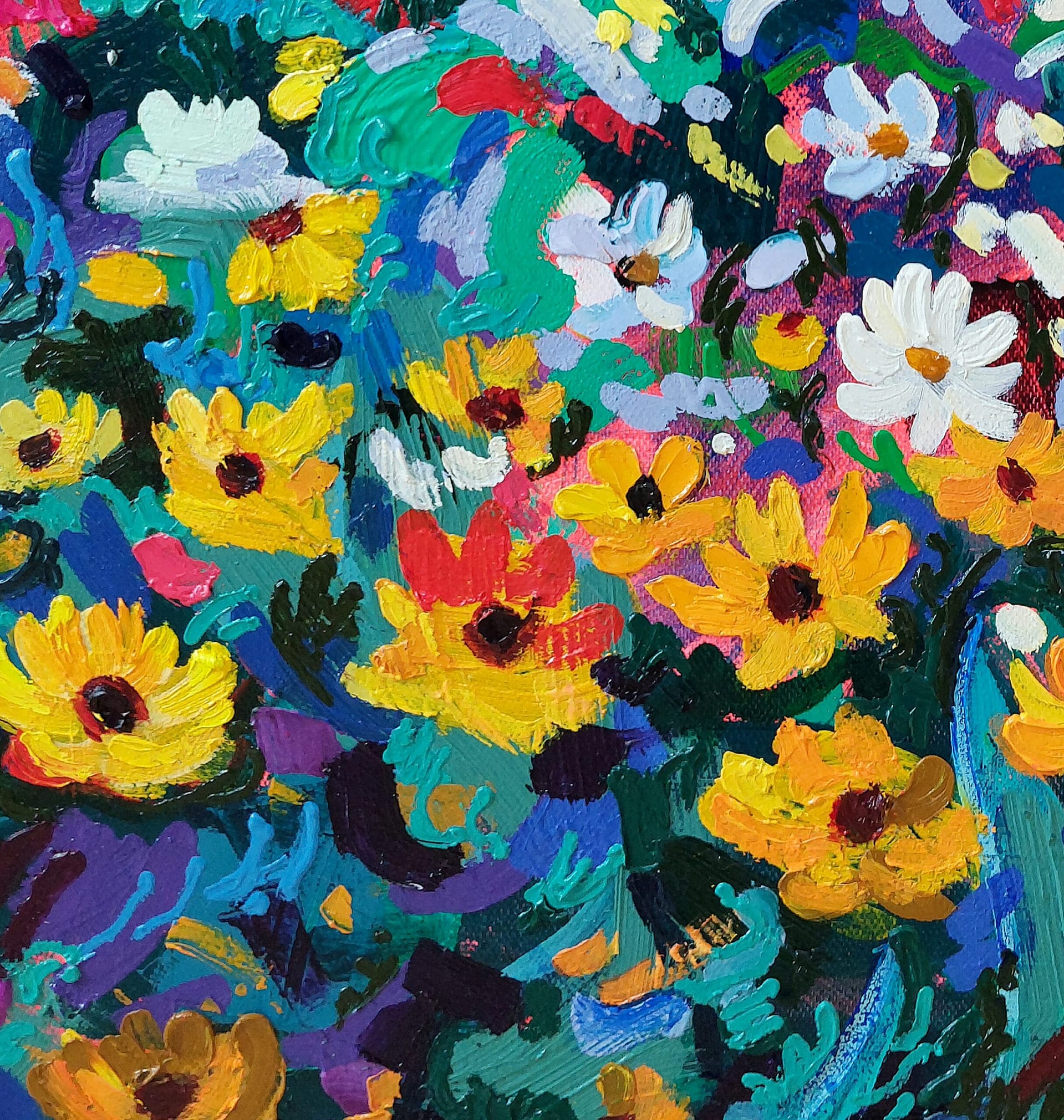 Close-up of the brushstrokes and texture in the original oil painting Century Light Flow by STIA