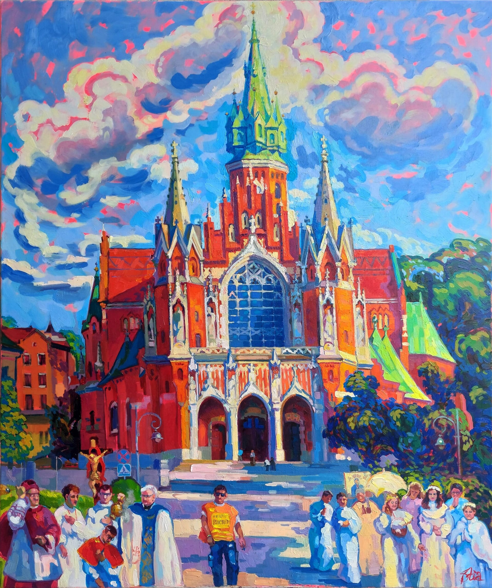 St. Joseph's Church, Krakow, PolandEmochromism.Cities are often seen as places of constant movement. Yet some moments transform their rhythm.Created en plein air in Kraków's historic Podgórze district during the Catholic Feast of Corpus Christi, this painting reflects a tradition that has connected generations for centuries.Progress does not erase the past. It gives it a new rhythm.Oil on canvas
100 × 120 cm
2025
by STIA