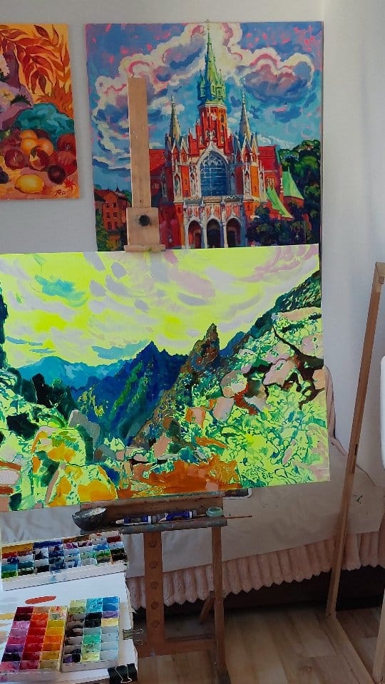 Oil painting on canvas
Between the Peaks
Anastasiia Kurkova
100 W x 70 H cm
2025Where the Sky Begins series — a visual journey to places where the earth rises to meet the sky. The landscape is based on a real view of the Lomnica Pass in the High Tatras, Slovakia, seen from an altitude of 2,190 meters above sea level. The Lomnica Peak itself is the second-highest mountain in the Tatras and one of the most renowned. Working in the style of emotive colorism, my aim was not merely to depict the landscape but to convey a state of awe — that breathless moment when height, vastness, and the grandeur of nature converge.