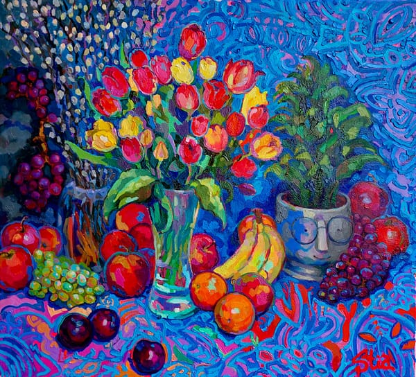 Original contemporary floral painting with tulips, fruits, vibrant colors, and rich impasto texture, perfect as luxury wall art.
