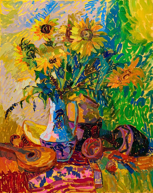 Ukrainian still life oil painting with sunflowers, fruit, lute and traditional embroidered textile by STIA